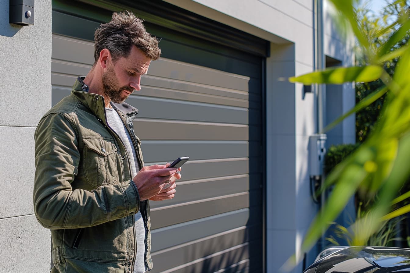 Uomo che usa lo smartphone per aprire un garage con sistema IoT integrato nella piattaforma Garaging